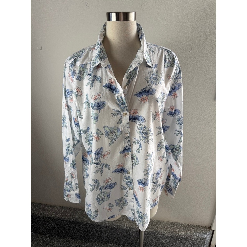 Lucky Brand Womens Large Floral Button Up Shirt White Blue Peach Long Sleeve